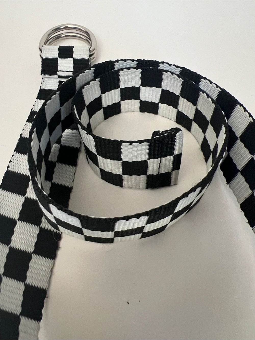 Checkerboard Black & White Webbing Belt with Double Ring Buckle